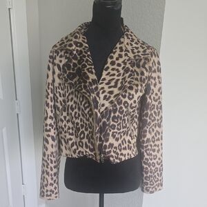 HYFVE Leopard Print Cropped Moto Jacket - Brown & Cream
